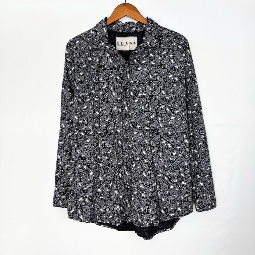 Vintage Frank Paisley Button Up Long Sleeve Shirt Size‎ L Black Gray Mens